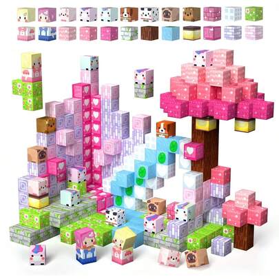 50-300 piezas Baldosas magnéticas de construcción - Mundo mineral mágico rosa floral, juego de construcción cúbica, juguetes sensoriales Montessori STEM, adecuado para niños de 3+ años, imanes apilables, regalo de cumpleaños/festividad para niños y niñas (algunos colores al azar)