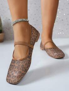 秋冬季方头网眼豹纹女式平底鞋，时尚舒适透气玛丽珍芭蕾平底鞋，一脚蹬乐福鞋 - 豹紋 - 查看 4