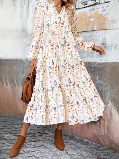 加大码优雅 V 领碎花长袖连衣裙，休闲和节日装，宽松版型