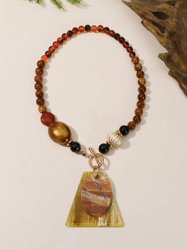 1 buc colier cu pandantiv asimetric din jad artificial, cravată cu încuietoare OT cu mărgele mixte, colier boem retro pentru femei