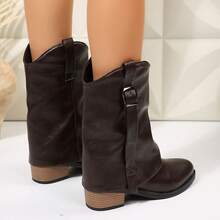 Cizme de damă retro cu toc gros și cataramă în stil western de toamnă/iarnă, versatile la modă, cizme eleganți, cizme de cowboy - Maro - Vizualizare 5