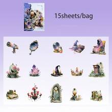 15张/袋贴纸，“魔法秘密收藏系列”，复古神秘魔法主题PET贴纸，剪贴簿用品，笔记本配件，相框装饰品，电脑和手机壳，水杯，旧杂志，铅笔盒，桌面装饰贴纸，返校季贴纸，学习用品 - 彩色 - 查看 14