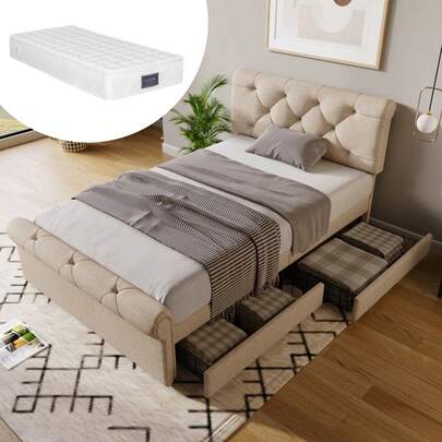 (=111297AAN) Upholstered Single Bed 90x200cm, Bed Frame With 2 Drawers And Height Adjustable Headboard, Chesterfield Functional Bed, Natural, With Mattress