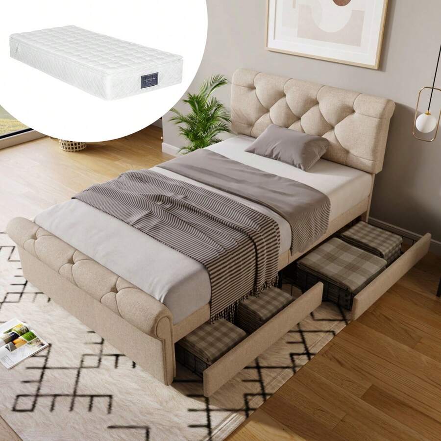 (=111297AAN) Upholstered Single Bed 90x200cm, Bed Frame With 2 Drawers And Height Adjustable Headboard, Chesterfield Functional Bed, Natural, With Mattress - Natural + Metal & Wood + 90cm*200cm - View 1