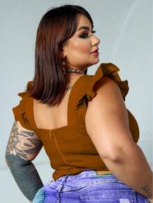 Women's Summer Plus Size Cropped Blouse With Ruffled Sleeves, Button Detail, Back Zipper, Curve Look, Sizes 44 To 54 - Camel - View 2