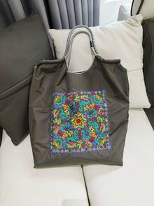 新款休閒時尚刺繡圖案可摺疊尼龍購物袋，大容量適用於通勤、購物、海灘、派對，手提或肩背 - 彩色 - 查看 9