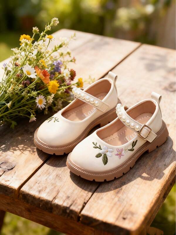 1 paire de chaussures plates mode pour enfants, chaussures plates unies pour filles, chaussures en cuir avec broderie de perles, chaussures en cuir PU à semelle souple et confortable, convenant pour le port quotidien, les sorties, les représentations (semelle intérieure avec lettre dorée aléatoire)