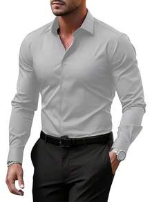 Men's Wrinkle Dress Shirts Formal Long Sleeve Button Down Wedding Business, Style - 灰色 - 查看 12
