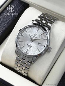 Pablo Raez 1pc Stainless Steel Man Watch Sweeping Movement Top Brand New Original Charming Superior Wristwatch For Gentleman Silver Color Jewelry Non Tarnish Luxury Solid Steel Bracelet Gentleman Gorgeous Real Bar Scales With Date Fashion Design 50M Waterproof Male Quartz Wristwatch