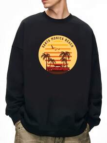 Sudadera de Cuello Redondo para Hombre con Estampado del Atardecer en Santa Mónica - , Diseño Californiano Palmera y Olas, Suave Jersey Casual Ideal Gimnasio/Actividades/Ropa, Sudadera Surf Style Masculina Ajuste Relajado Mano Lavable Capas Otoño/Invierno, Sudadera Divertida,Suéter Navideño Feo para Hombres,Suéter de Punto para Hombre,Suéter de Halloween para Hombres,Suéter de Halloween para HombresSuéter para Hombre,Suéter Navideño Feo Suéter Navideño para Hombre, - Oscuro - Ver 8