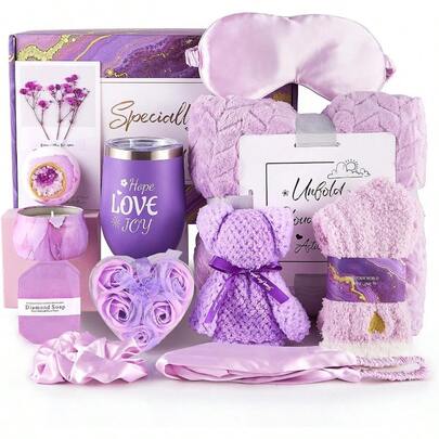 Luxury Lavender Birthday Gifts For Women Purple Self Care Spa Gift Basket With Flannel Blanket Relaxing Get Well Soon Gifts Set For Mom Wife Sister Friend