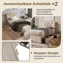 (=111297AAN) Upholstered Single Bed 90x200cm, Bed Frame With 2 Drawers And Height Adjustable Headboard, Chesterfield Functional Bed, Natural, With Mattress - Natural + Metal & Wood + 90cm*200cm - View 6