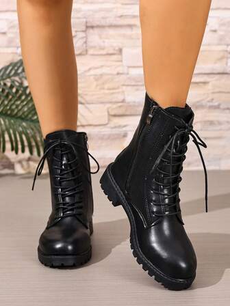 Women's Autumn/Winter New Black Side Zipper Boots, Thick Heel Round Toe Lace-Up Motorcycle Boots, Versatile & Fashionable Unisex British Style Combat Ankle Boots