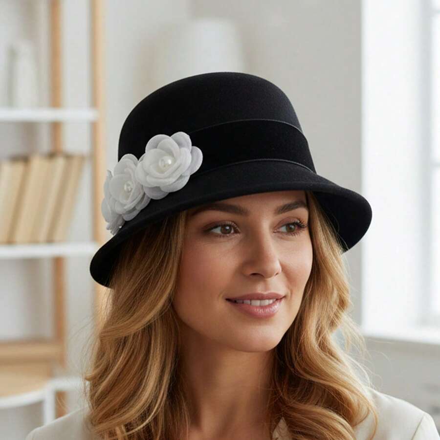 Sombrero cloché de lana para mujer, elegante, de color liso, con cinturón floral y diseño tipo pescador, ideal para fiestas y ocasiones especiales. - Negro - Ver 1