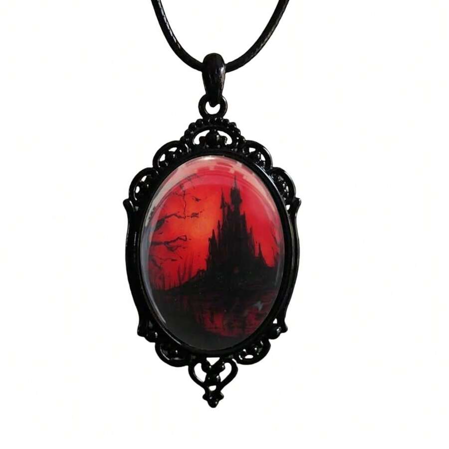 PINK TOWN Gothic Raven Castle Pendant Necklace,Vintage Cameo Glass Pendant Necklace Punk Style Victorian Choker Necklace Goth Raven Cabochon Choker Mystic Witch Halloween Jewelry For Women{Inchcolor_nameinch:Inch5032inch} - 5032 - 查看 1
