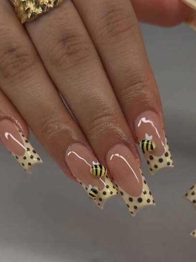 24pcs/Set Minimalist French Manicure Medium Length Shallow Yellow Polka Dot 3D Bee Design Press-On Reusable Fake Nails, Includes Nail Glue And 1 Nail File, Suitable For Office Ladies, Casual Dates, Afternoon Tea, Outdoor Activities Nail Supplies