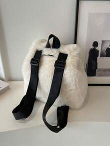 New Autumn/Winter Plush Backpack For Women, Students, Fashion Faux Fur Drawstring Large Capacity Shoulder Bag - White - View 6