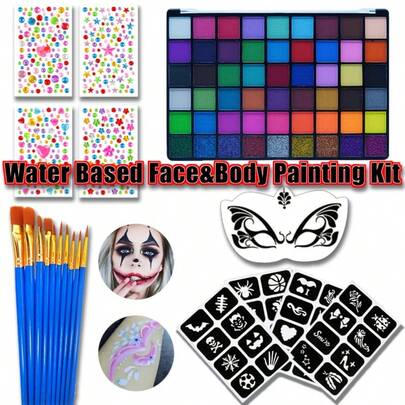 Set de pintura facial y corporal a base de agua de 54 colores, incluye pinceles, plantillas y brillos - Apto para cosplay, Halloween, festivales de música, actuaciones en escenario y fiestas - Set de maquillaje profesional, colores vibrantes, pigmentos resistentes al agua