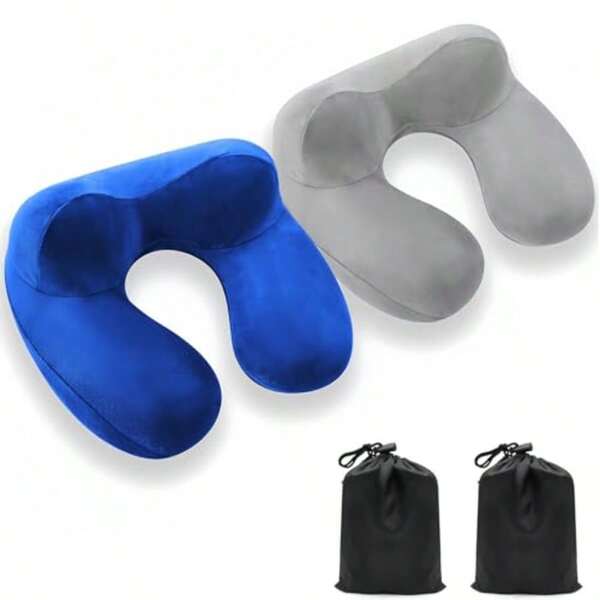 Inflatable Travel Pillow 2 Pack Portable Travel Neck Support 100% Soft Velvet Inflatable Neck Pillow Orthopedic UShaped Neck Pillow For Airplane Train Car Camping Office