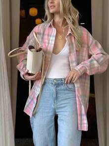 Women's Casual Plaid Flannel Long Sleeve Shirt, Spring/Autumn - Pink - View 3