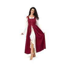Women's Peasant Overdress With Adjustable Laces Pockets, Renaissance Corset Dress Halloween, Medieval Festival - 葡萄酒+大杯 - 查看 7