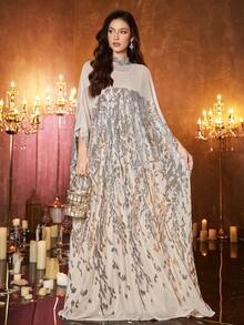 SUPGIR 女士【随机印花】立领长袖亮片拼接优雅晚礼服 开斋节 - 香檳色 - 查看 1