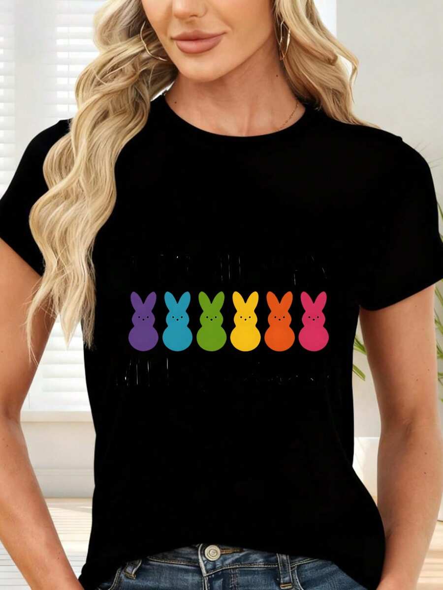 Rainbow Rabbit Print T-Shirt For Spring And Easter - 黑色 - 查看 1