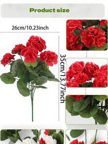1pc Artificial Geraniums For Outdoor Decoration. Silk Geranium Flowers That Are Resistant To UV Rays And Have A Realistic Appearance. They Are Artificial Plants Suitable For Use In Outdoor Flower Pots, Front Gardens, Terraces, Balconies, Courtyards, And Porches. They Are Suitable For Home And Garden Decoration Throughout The Four Seasons. Red And White. - Multicolor - View 13
