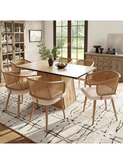 Dining Chairs, Chairs Rattan Backrest, PU Leather Seat Cushion, Com Tafel Breathable, Moderne Restaurants, Living Rooms Cafes view 11