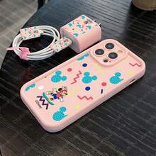 Disney Estuche de teléfono y juego de cable de datos con diseño de patrones con licencia oficial, compatible con iPhone 17, 16, 15, 14, 13, 12, 11 y varios modelos