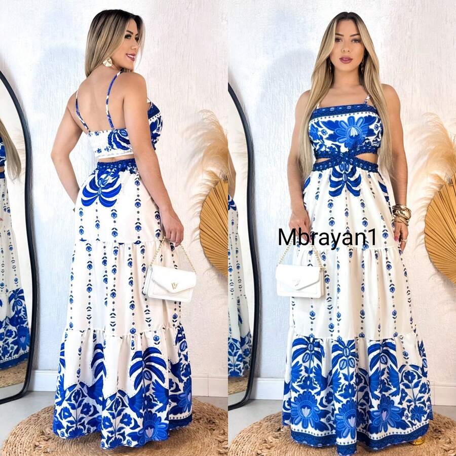 Full Floral Print, Leaf Detail, Gathered Hem With Ruffle And Knot Detail, Holiday Style. - 淺藍色 - 查看 1