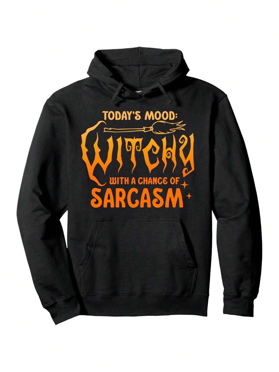 Sudadera con capucha de bruja sarcástica divertida para hombres - Estado de ánimo de hoy: vibraciones de bruja, sudadera de estilo sarcástico - Sudadera con capucha estampada en negro y naranja - Estilo suave para el día a día, adecuada para Halloween - Negro - Ver 1