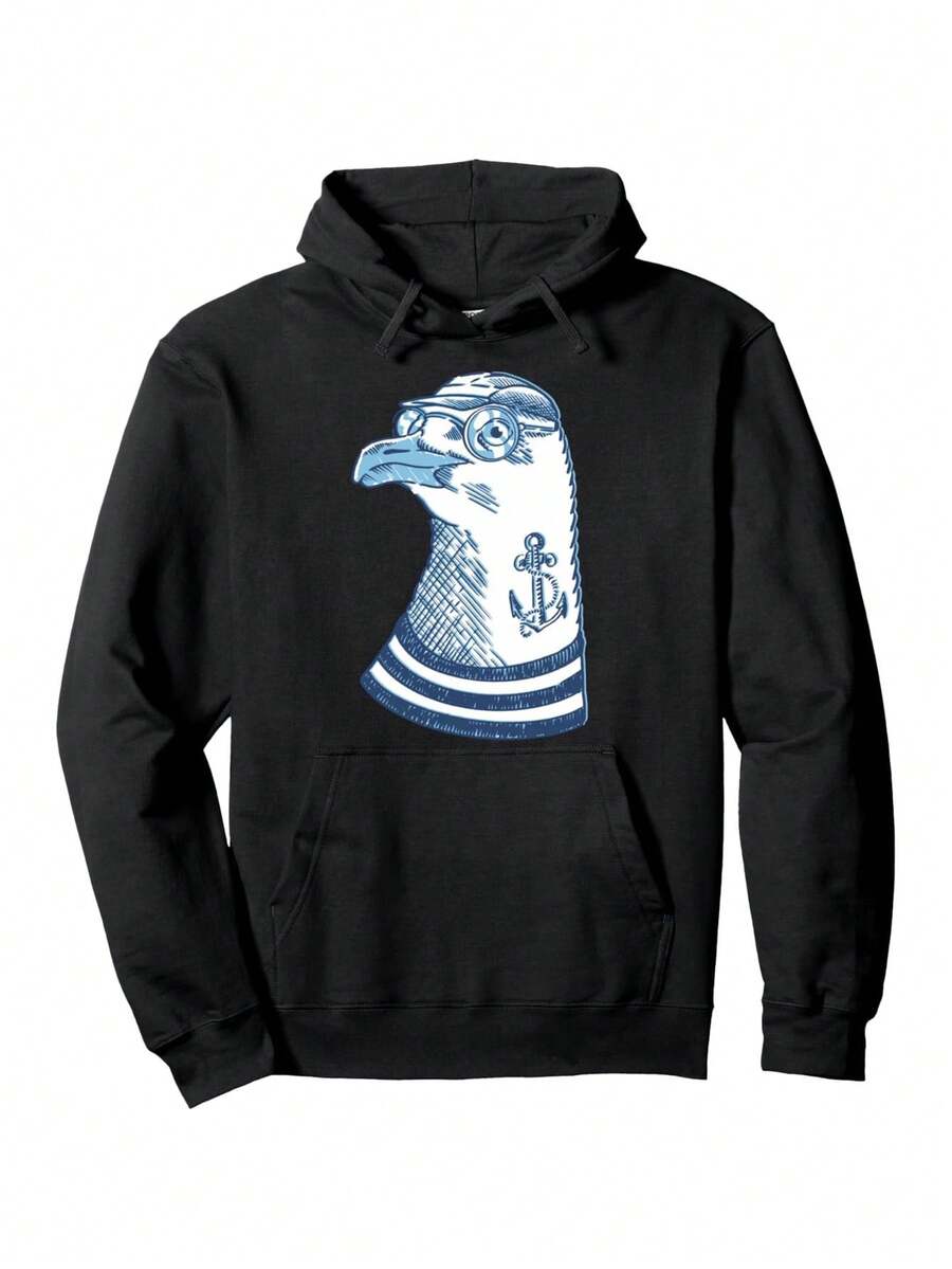 Sudadera con capucha de patrón deóter pirata para hombres - Sudadera pesada de 250g con estampado de pájaro náutico, estilo casual de calle para todas las estaciones, sudadera de moda para hombres de ajuste regular, adecuada para atuendos casuales y capas - Negro - Ver 1