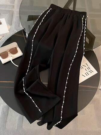 Women's Elegant Patchwork Pocket Elastic Waist Loose Faux Pearl Wide Leg Pants