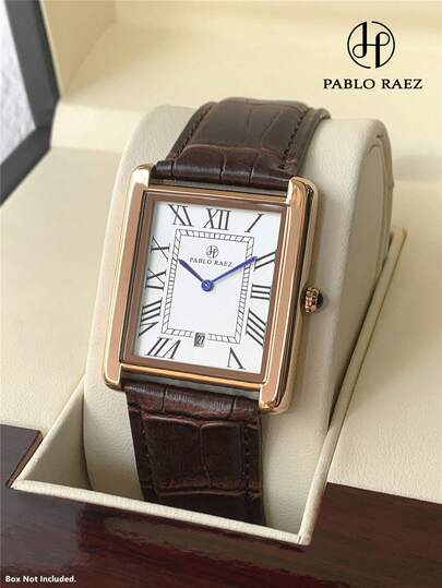 Pablo Raez A Classic Men's Watch In A Single Pack, This Luxurious Rectangular Men's Watch Features A Stainless Steel Vintage Clock, Original And Captivating Rose Gold Accents That Will Never Fade, A Black And Brown Microfiber Leather Strap, A Stylish Men's Accessory, 50-Meter Water Resistance, Roman Numeral Calendar Display, And A Gentlemanly Casual Quartz Watch.