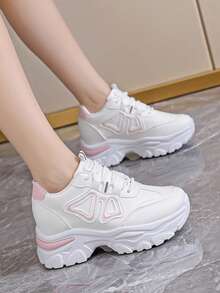 女士春秋新款厚底运动鞋，皮革鞋面拼接透气厚底休闲鞋，轻便系带时尚黑/白/粉色运动休闲运动鞋 - 粉色 - 查看 10