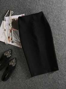 女士优雅通勤鹿绒拉链多功能A字半身裙，后开衩，无弹力，冬季款 - 黑色 - 查看 7