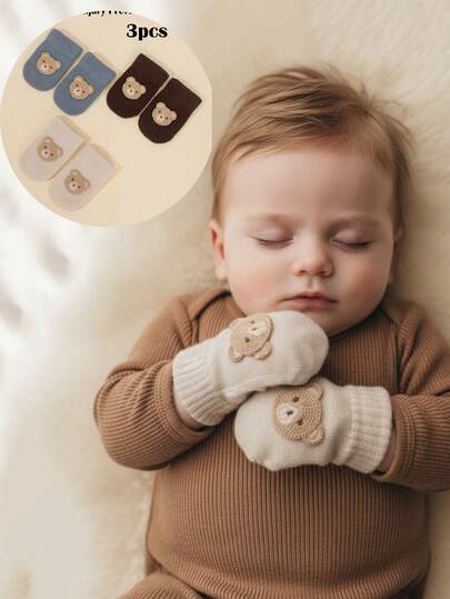 3pcs/Set Embroidered Bear Design Baby Boy Mittens, Cartoon Knitted Thick Warm Gloves, Candy Colors, Suitable For Autumn/Winter, 0-12M