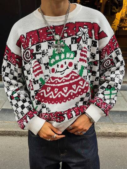 Men's Snowman & Letter Print Crew Neck Knit Pullover Sweater, American Avant-Garde Street Style, Autumn/Winter