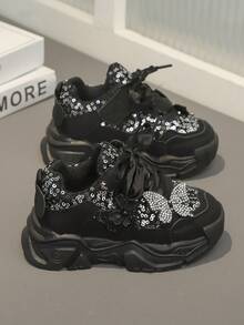 Fashionable Glitter Butterfly Children's Sports Shoes, PU Rubber Anti-Slip Sole, Suitable For Boys And Girls Outdoor Walking & Casual Wear - Black - View 4