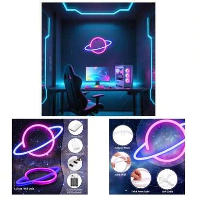 Planet Sign Wall Decor, Or Operated PinkBlue Planet Neon Bedroom, Gaming Room, Party Time, Night Gifts