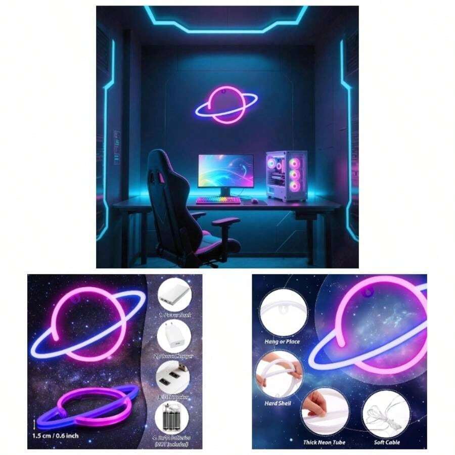 Planet Sign Wall Decor, Or Operated PinkBlue Planet Neon Bedroom, Gaming Room, Party Time, Night Gifts - initial - View 1