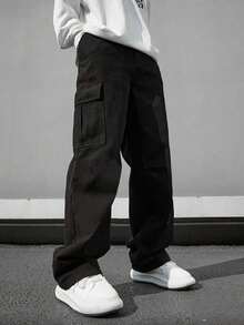 2pcs Casual Cargo Pants For Teenage Boys, With Large Pockets, Suitable For Spring And Autumn - Navy Blue - View 4