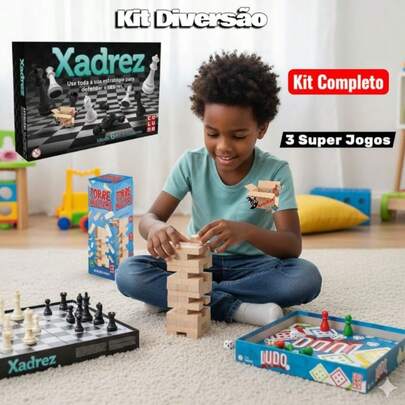 Kit Diversão 3 Brinquedos Pedagógicos Jogo Xadrez + Ludo + Torre Maluca - Pais E Filhos