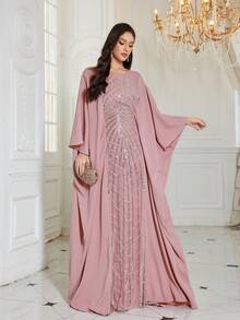 UNITHORSE Đầm ngủ nữ cổ tròn tay cánh dơi dài sang trọng cao cấp phối ren đính sequin, chất liệu satin mờ, màu hồng nhạt, thích hợp cho mùa xuân. - Hồng - Xem 2