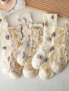 7pairs Women's Multicolor Vintage Court Style Floral Socks, Artistic Retro Mid-Calf Socks With Lace Edge, Suitable For Daily Wear - Nhiều màu - Xem 8