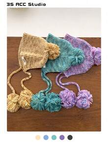 Mehrfarbige Bommel Gestrickte Beanie Mütze, Damen Winter Warm Winddicht Ohrenklappe Kapuze, Süße Handgemachte Bommel Strick Kappe, Herbst/Winter Warm Ohrenabdeckung Beanies mit Schnüren - Verschiedenfarbig - Übersicht 1