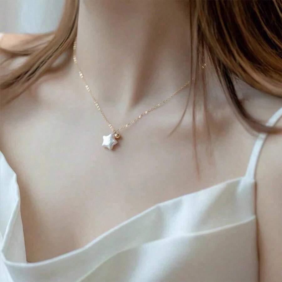 Star Shape Faux Pearl Decor Stainless Steel Necklace, Suitable For Daily Wear/Gifts/Best Friends/Anniversary/Wife/Girlfriend/Valentine's Day,Mom,Mother,Mother's Day,Gift - Star - 查看 1