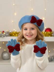 2pcs New Year Hat Set, Christmas Hat Set, Pink Velvet Bow Beret Hat + Gloves Set For Kids, Warm Beret Hat + Gloves Set For Autumn/Winter - 2 Pcs - View 11