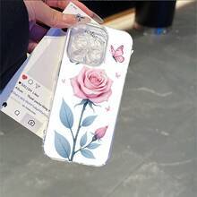 CLEAR  CASE Pink Rose With Blue Leaves And ButterfliesCompatible With  11 To  17 Models The Cases Lens Protection Function Ensures The Camera Remains Undamaged During Shooting  Guaranteeing Image Quality - Clear - View 7